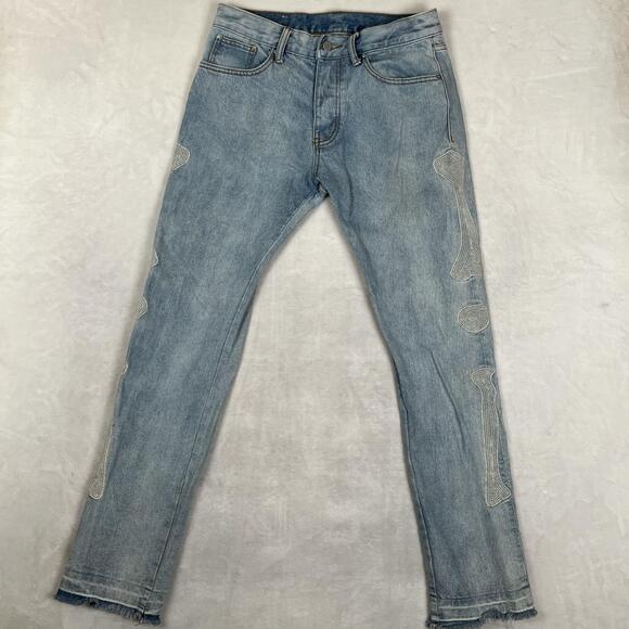mnml Other - Mnml Jeans Mens 31x34 Blue Slim Skinny Bones Embroidered Denim Light Wash Pants